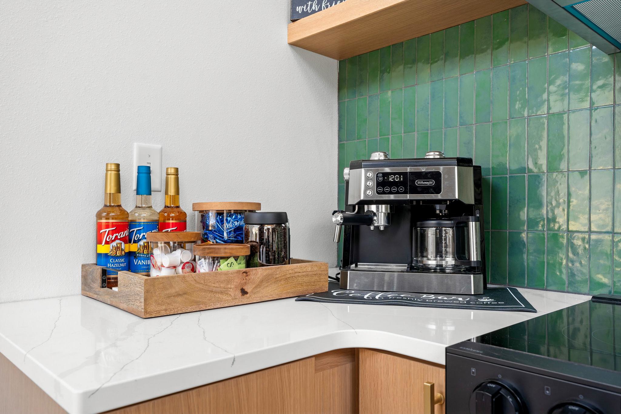Start your morning with espresso, surrounded by the woods! Machine pictured has been upgraded to a Cuisinart Coffee Center that offers drip coffee, single K-cup, and espresso (pod) options. 