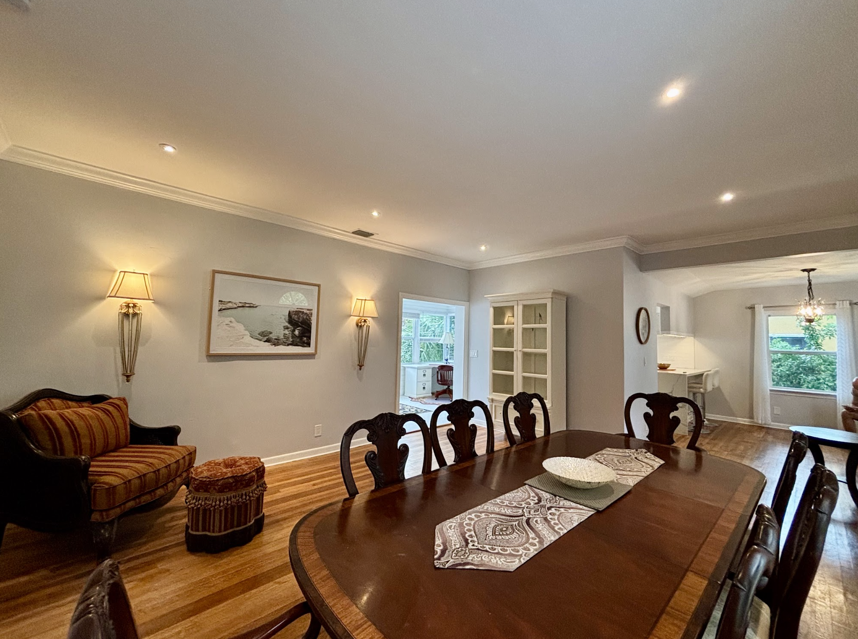The large dining area has plenty of room for everyone to gather around the table for home-cooked meals together.