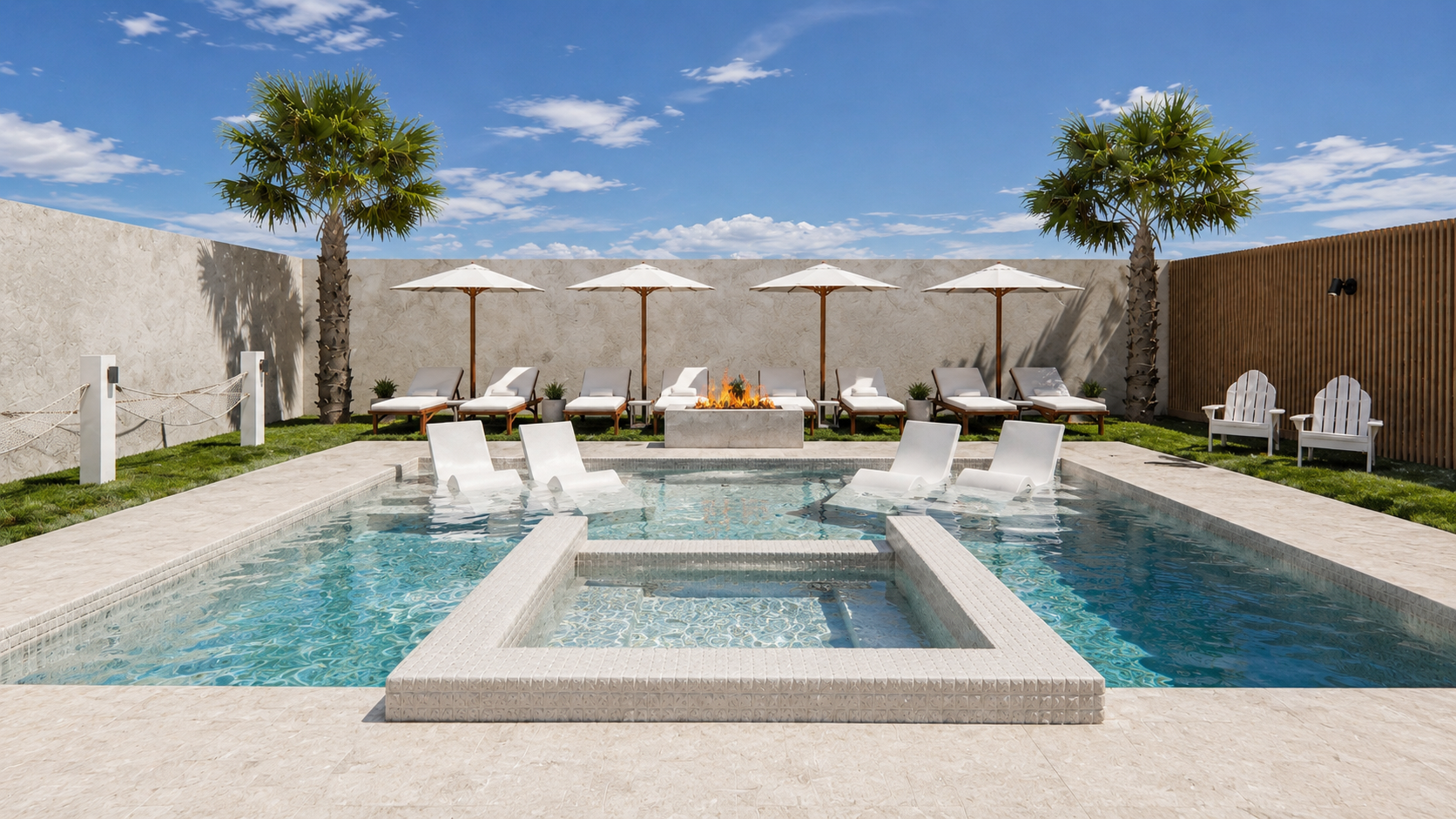 Private Pool with Hot Tub, Poolside Fireplace, Tanning Ledge, Umbrellas, Loungers, and Hammocks | Rendering