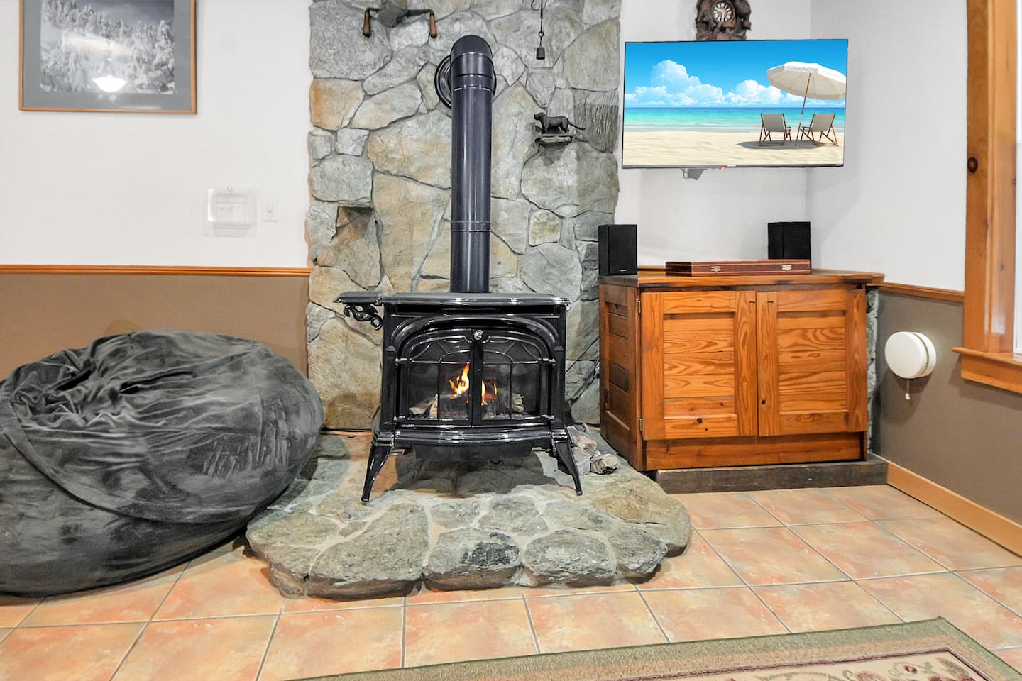 Cozy up next to this beautiful stove after a soak in the hot tub on a cold night! 