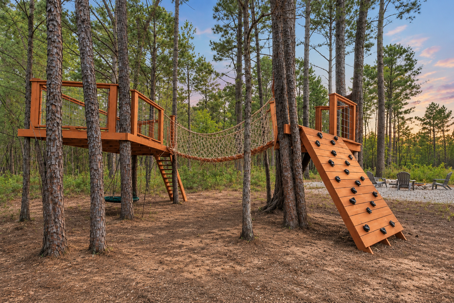 Let little adventurers climb, slide, swing, and sneak across the rope bridge, and spend the afternoon in their own treetop fort among the pines.