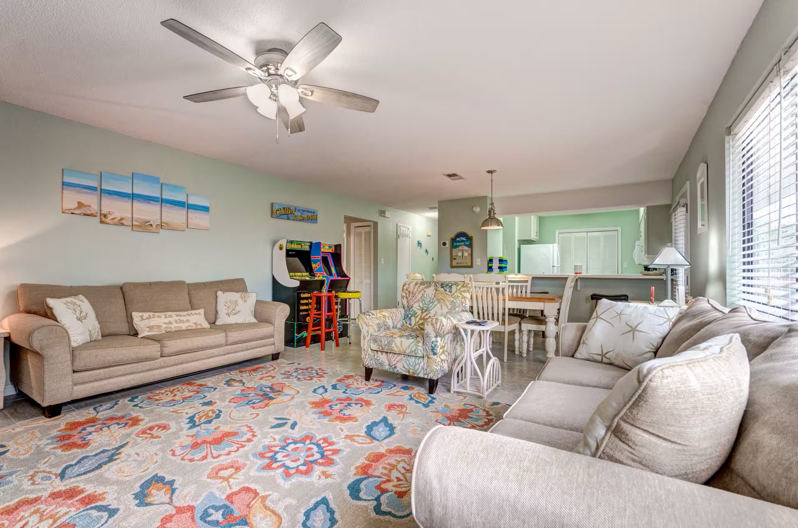 Living room looking into the dining/gaming area