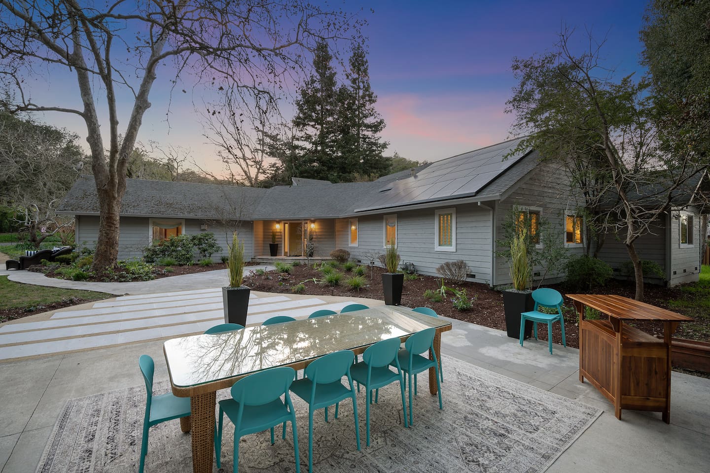 Outdoor dining table with seating for 12.