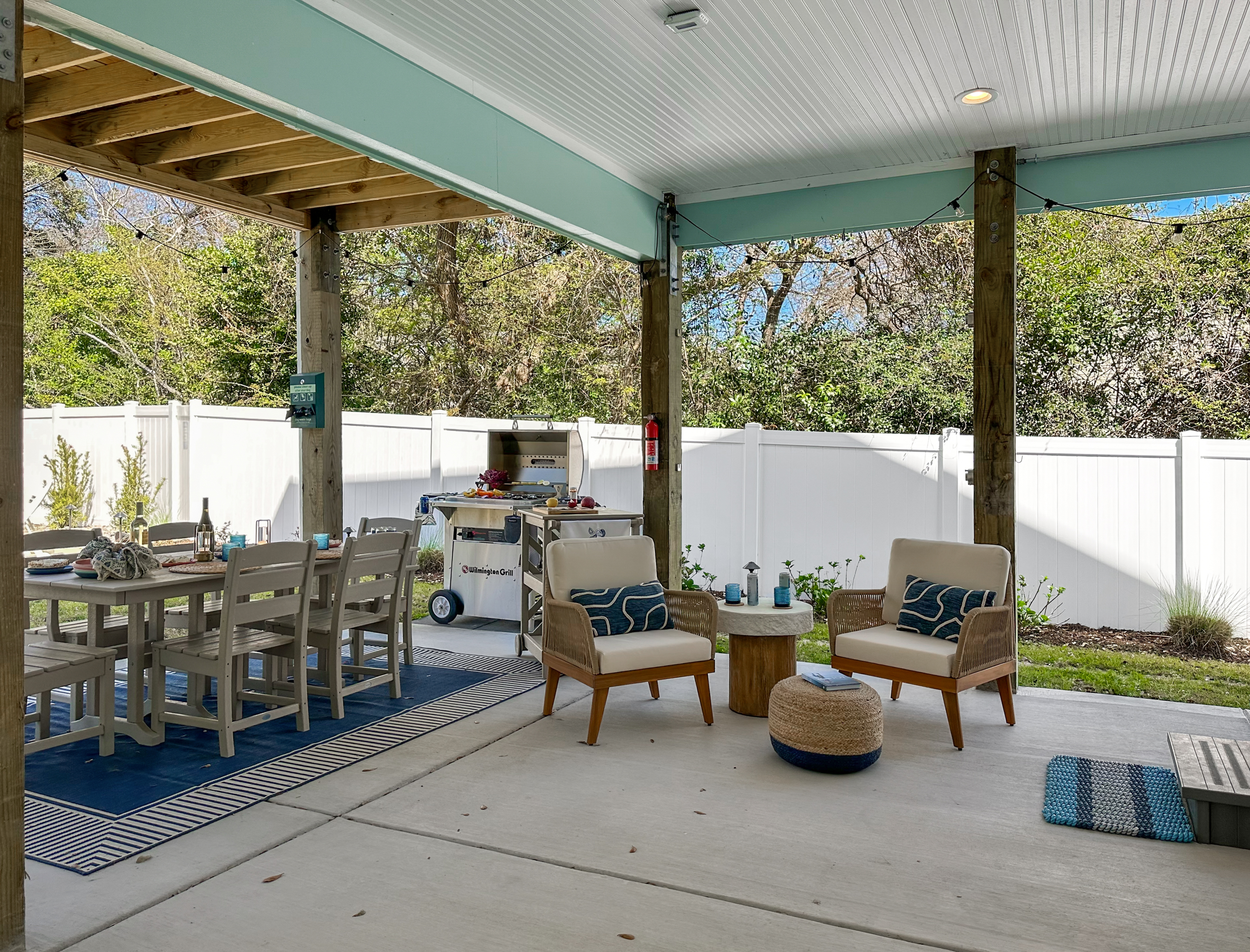 With an outdoor dining area and extra seats.