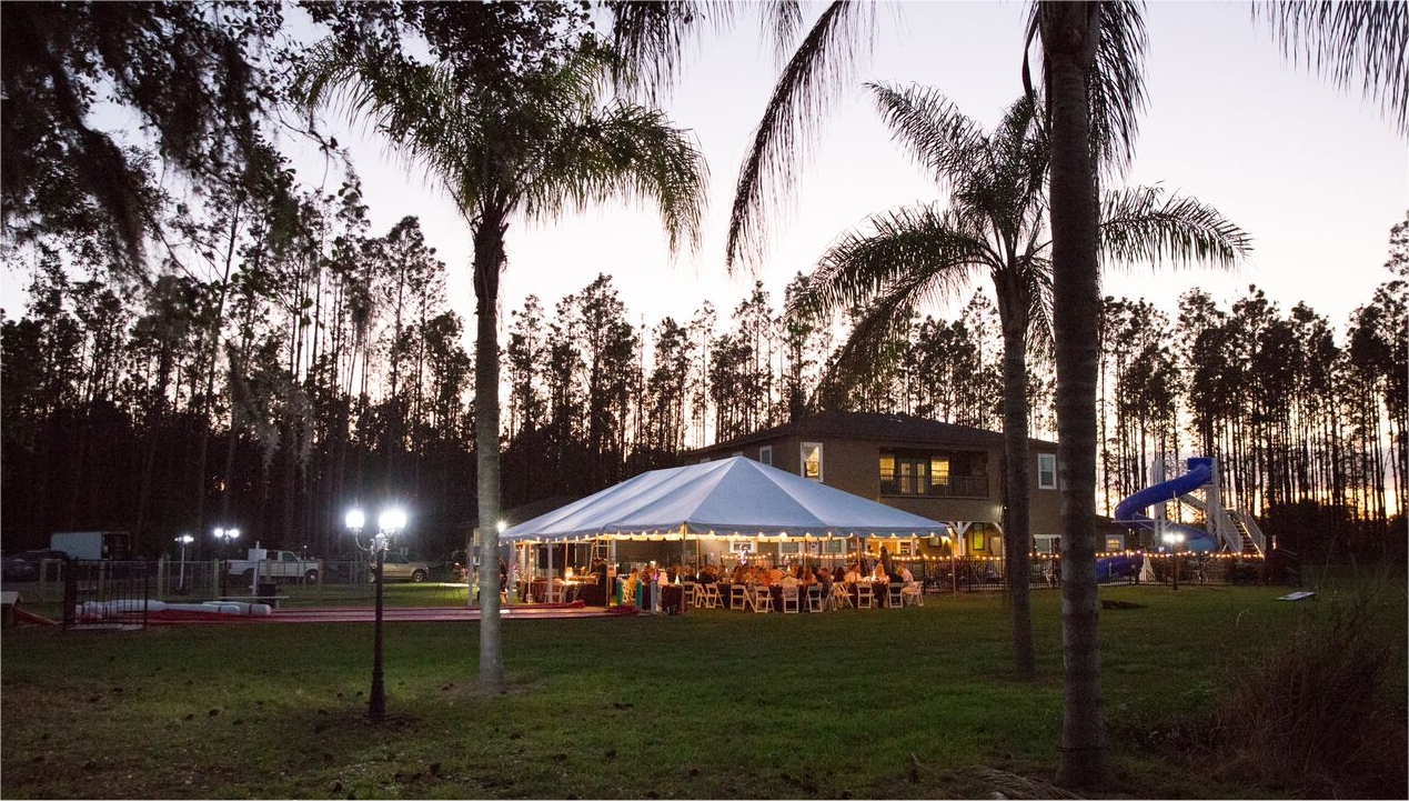 Evening event setup at Orlando lakefront celebration venue