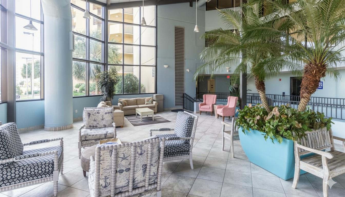 Our spacious lobby offers a welcoming atmosphere, featuring plentiful seating areas ideal for gathering, reading, or simply enjoying the serene ocean vista. It's the perfect place to unwind up