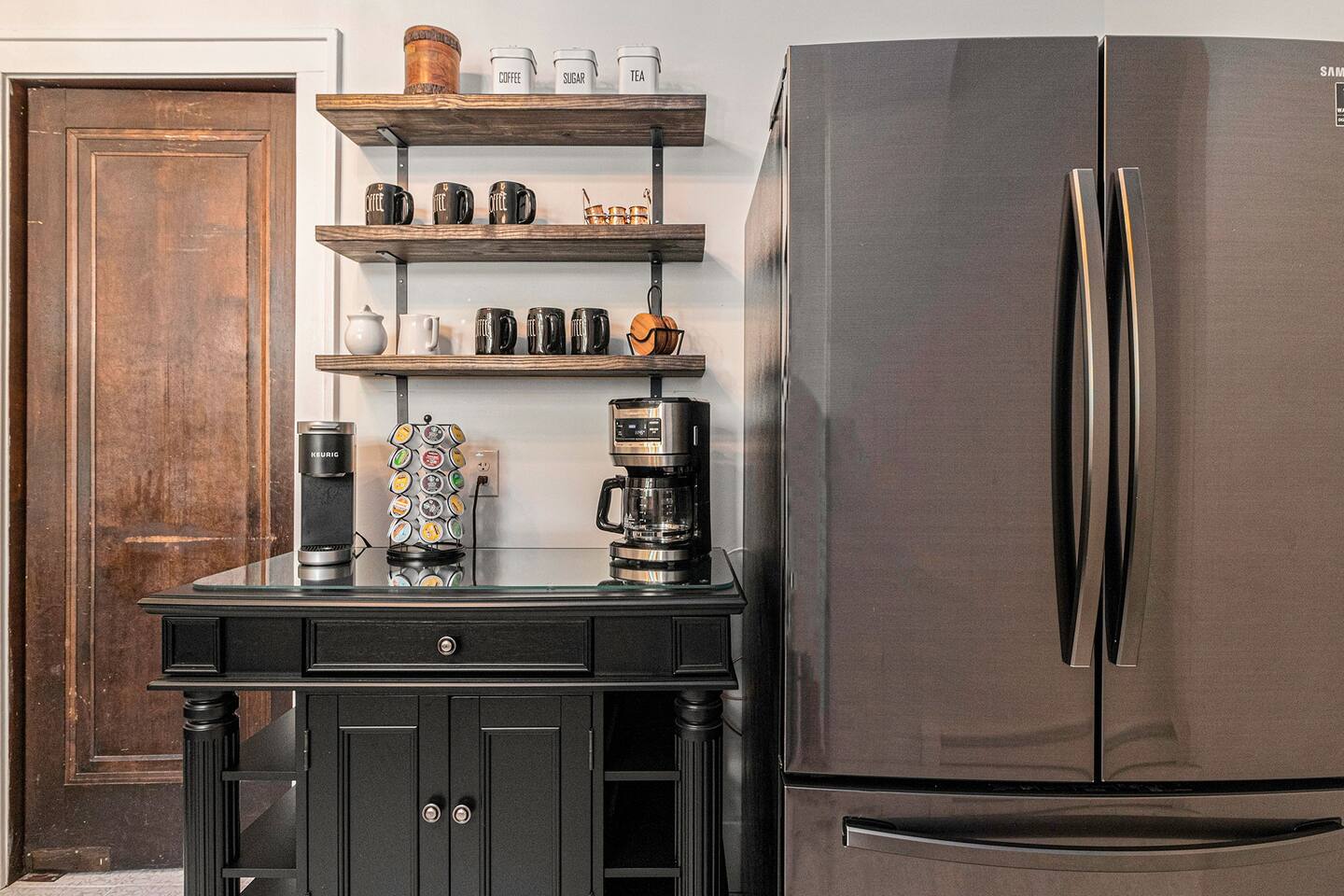 Fully Stocked coffee bar.