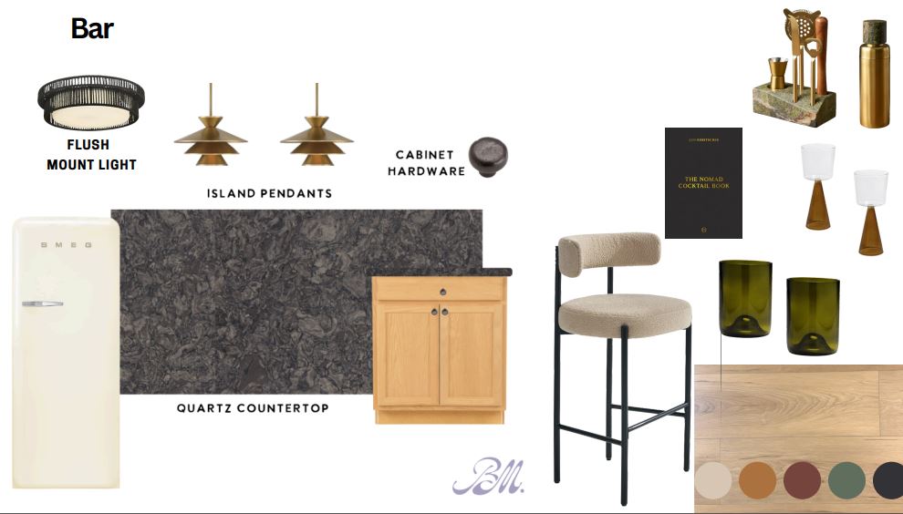 Modern bar setup with quartz counters, designer lighting, and stylish seating.