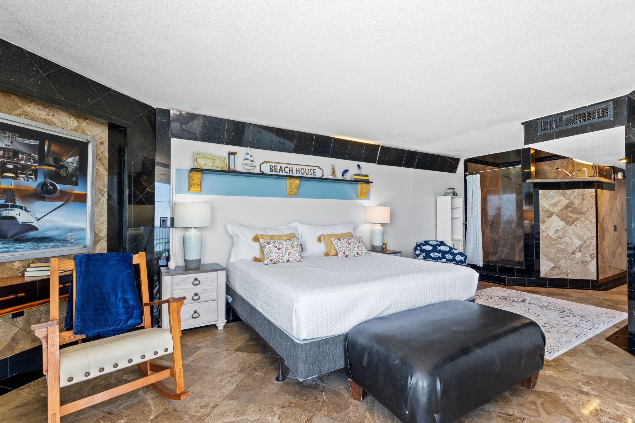 Master bedroom with king bed and beach views