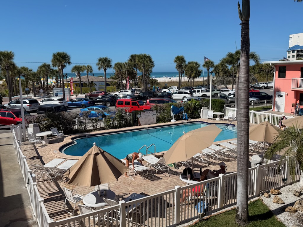 The heated pool is in front of the next building to the South.