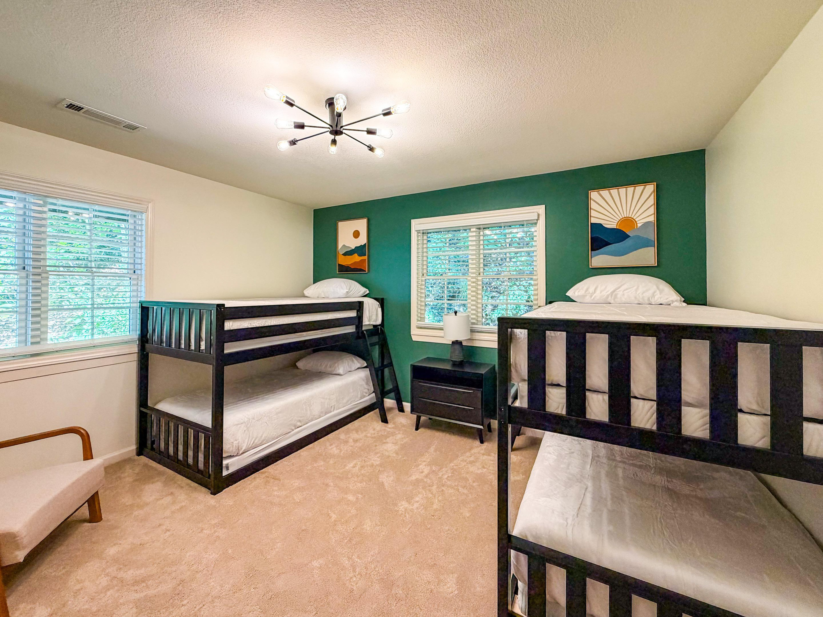The bunk room is a fun, dedicated space for kids to enjoy. Please note that the clearance between the bunks is very low, so it is best suited for younger persons.