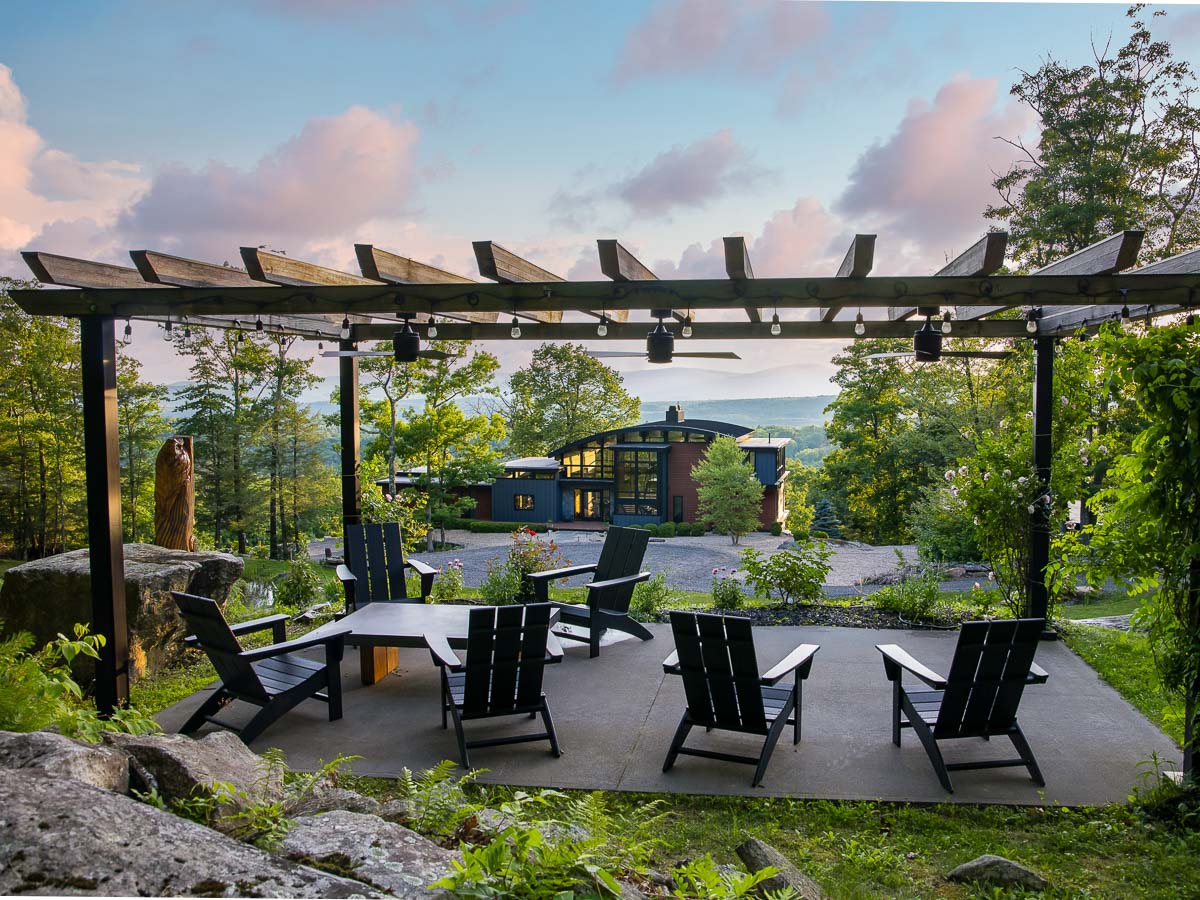 der Biergarten at sunset with pink clouds over the Berkshires ridgeline &mdash; Sunset Falls
