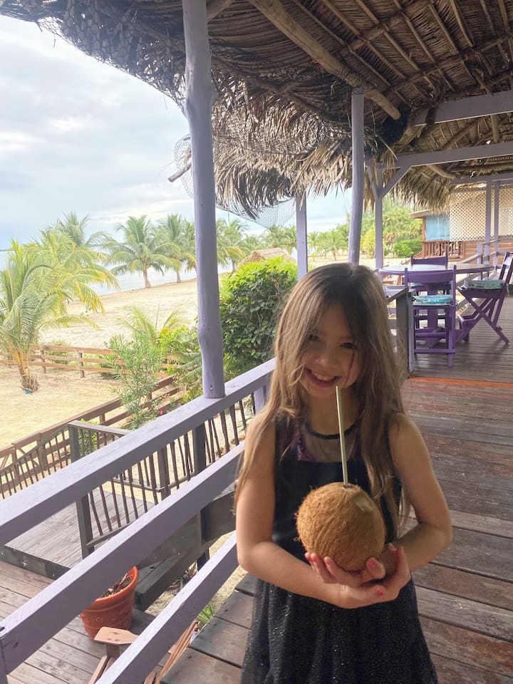 View of the balcony when exiting the living room door. Yes, there are lots of coconuts on the property.