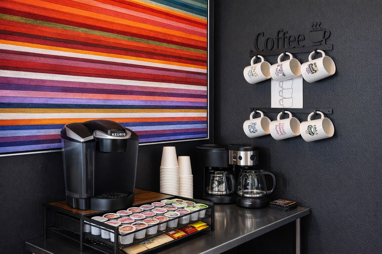 Fully stocked Coffee Bar ! Coffee, Tea, Decaf? We have it all 💕