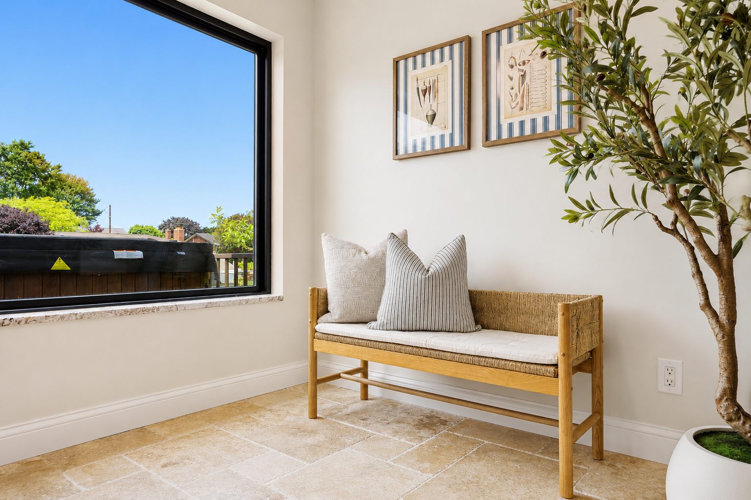 Bright and inviting sitting nook with a cozy bench, large window, and natural light. Clean, modern space perfect for reading, relaxing, or enjoying peaceful neighborhood views.