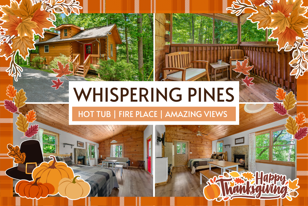 Whispering Pines offers a cozy cabin escape with a hot tub, fireplace, and stunning views—perfect for a peaceful stay.