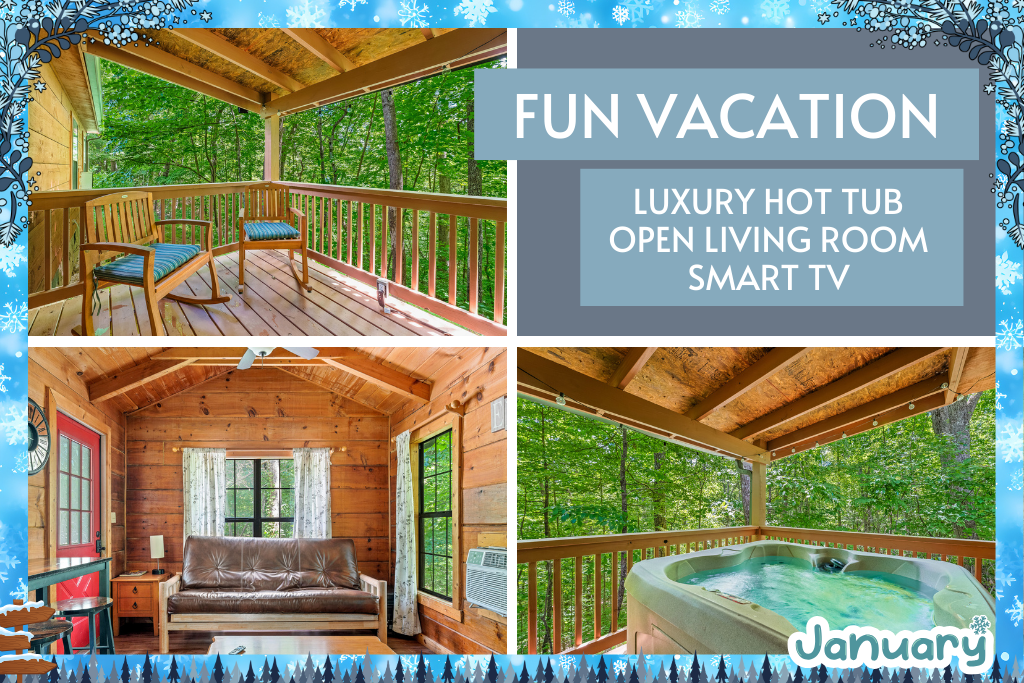 Enjoy a fun mountain escape with a private hot tub, open living room, and smart TV. Relax after hiking or exploring.