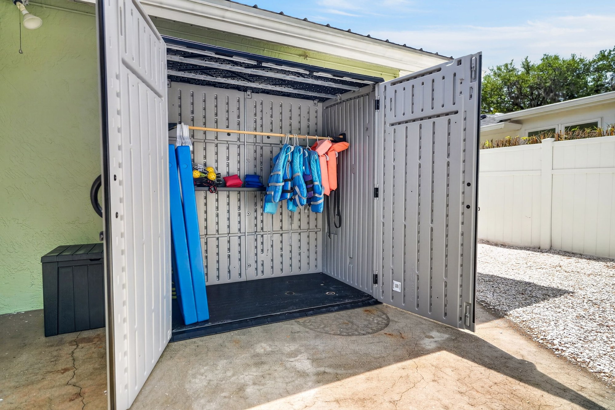 Shed interior with life jackets