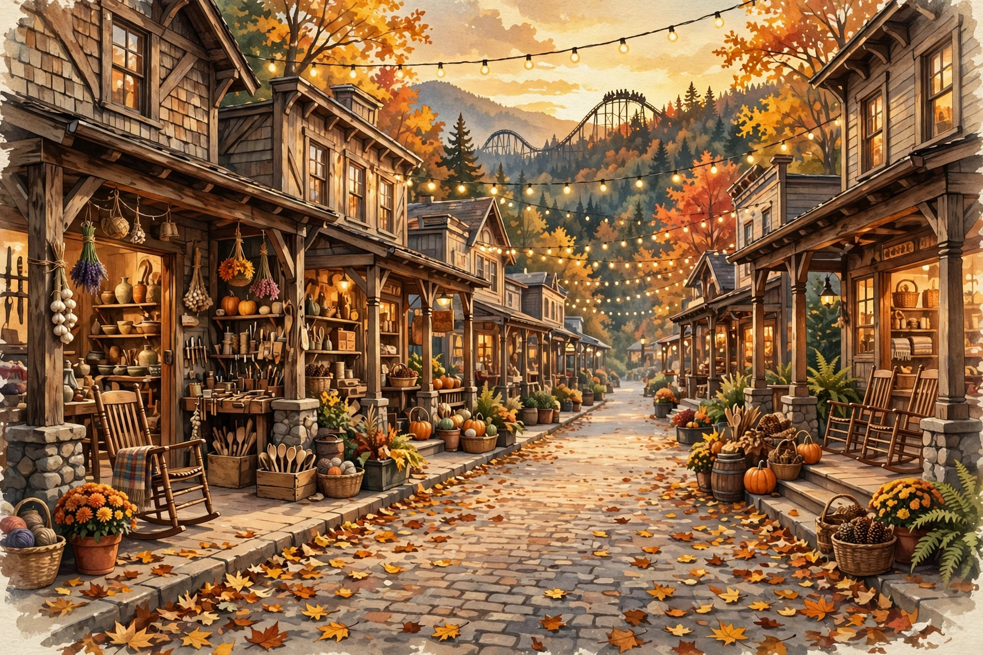 Illustration: a charming old-time mountain crafts village at a theme park, blacksmith and woodworker shops, warm lantern light, roller coaster hills rising behind the trees