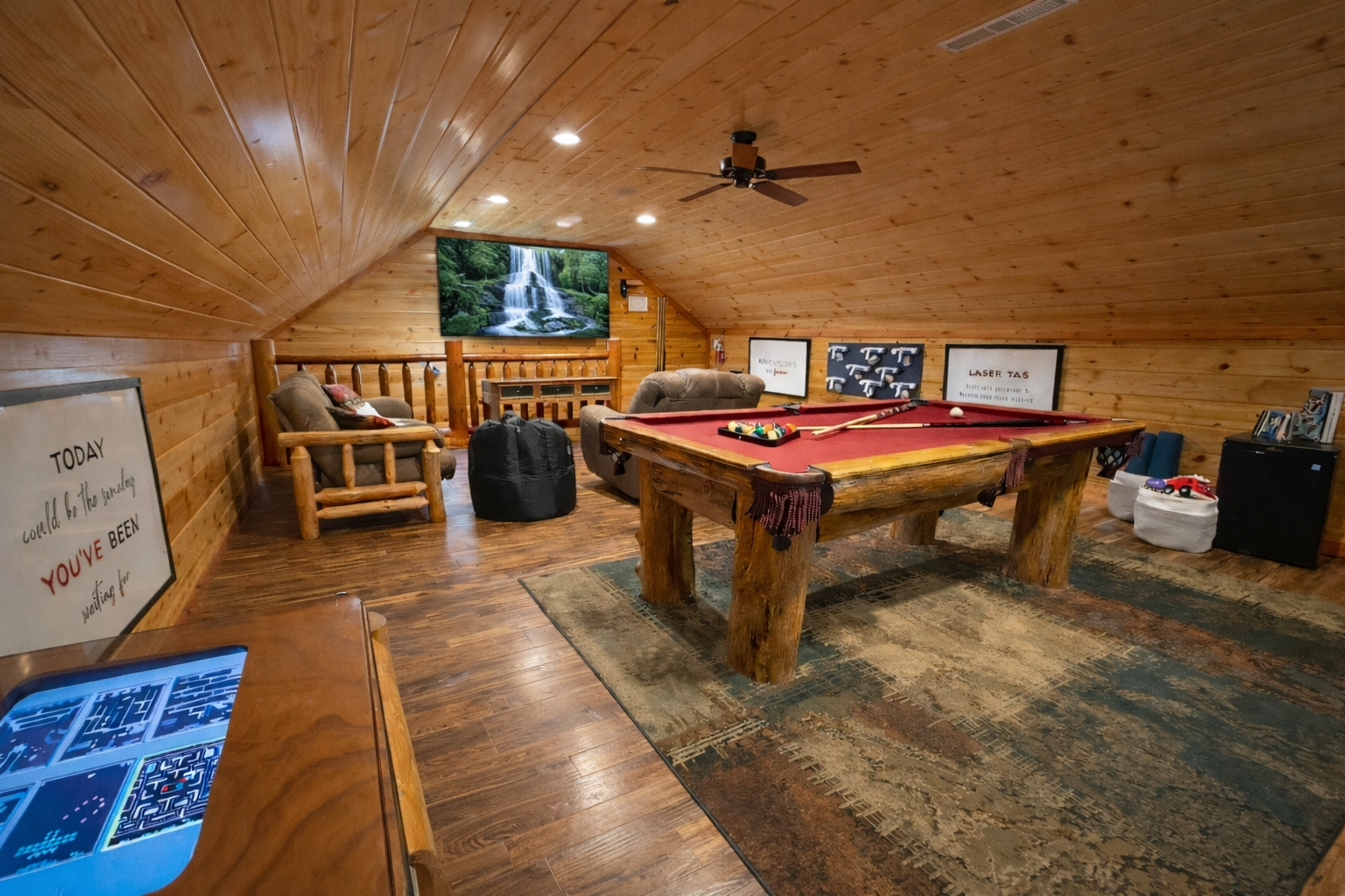 Game night, movie night, or chill night — this loft is made for fun at any age. From pool and arcade games to board games and toddler toys to cozy seating, there’s something here for everyone.