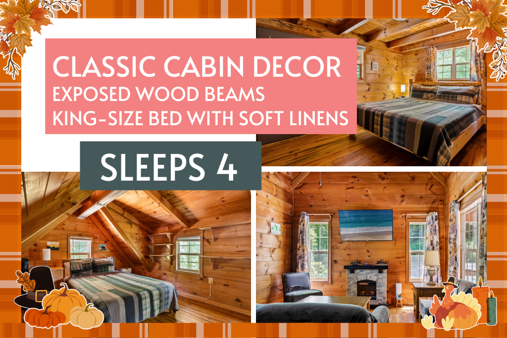 Classic wood-beam charm meets modern comfort—sleeps 4 with king & queen beds.