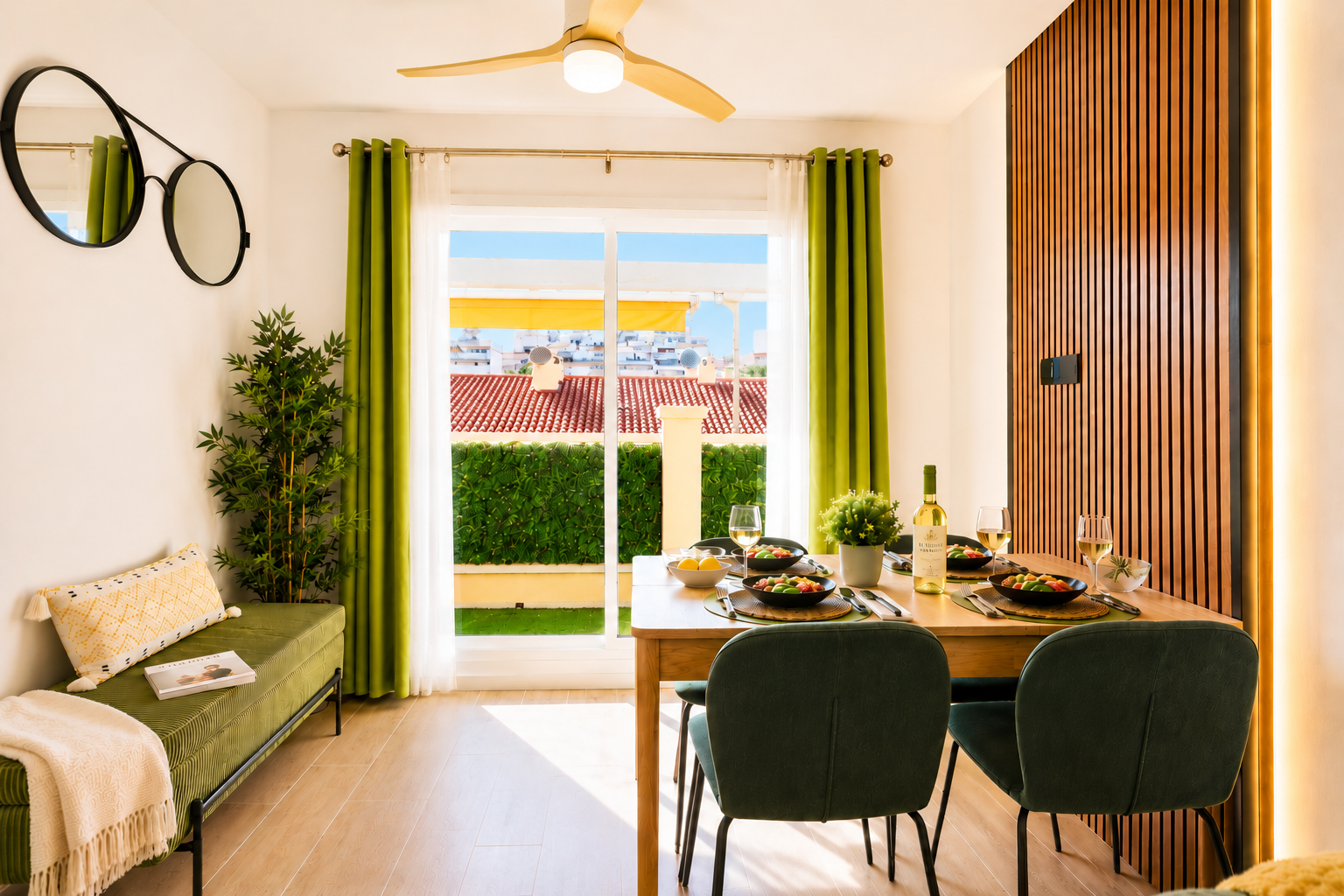Stylish open-plan living room with a modern kitchen, smart TV, and natural light throughout — ideal for relaxing or sharing a glass of wine after a day by the beach.