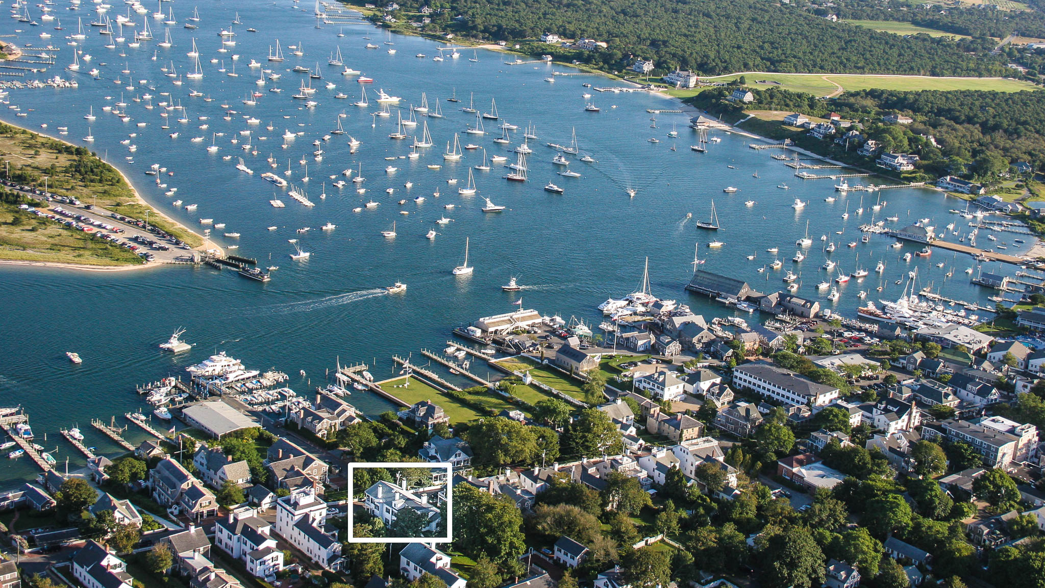 Aerial View of the house and Edgartown Harbor looking South