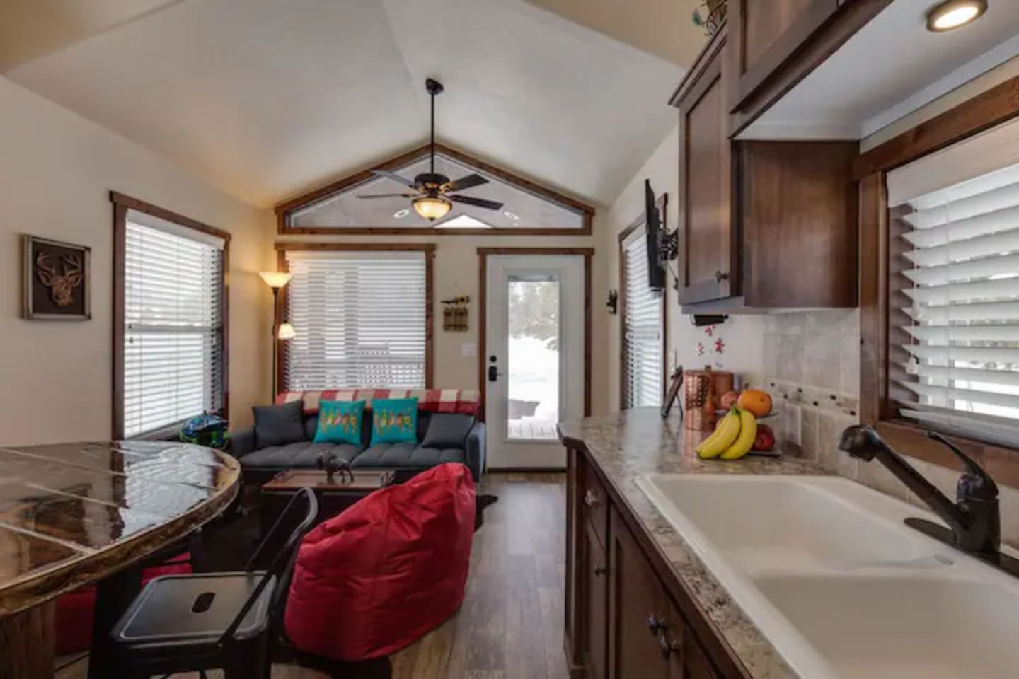 Living, dining, and kitchen area