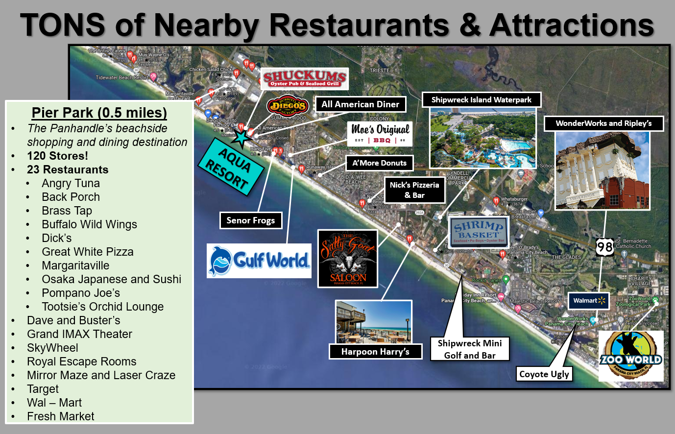 The AQUA RESORT is centrally located with tons of shopping, dining, and activities within a short walk or drive, including famous Pier Park (an easy 0.5 mile walk up Front Beach Road)!