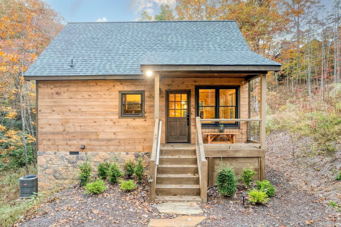 Charming cabin exterior, nature's embrace in sight