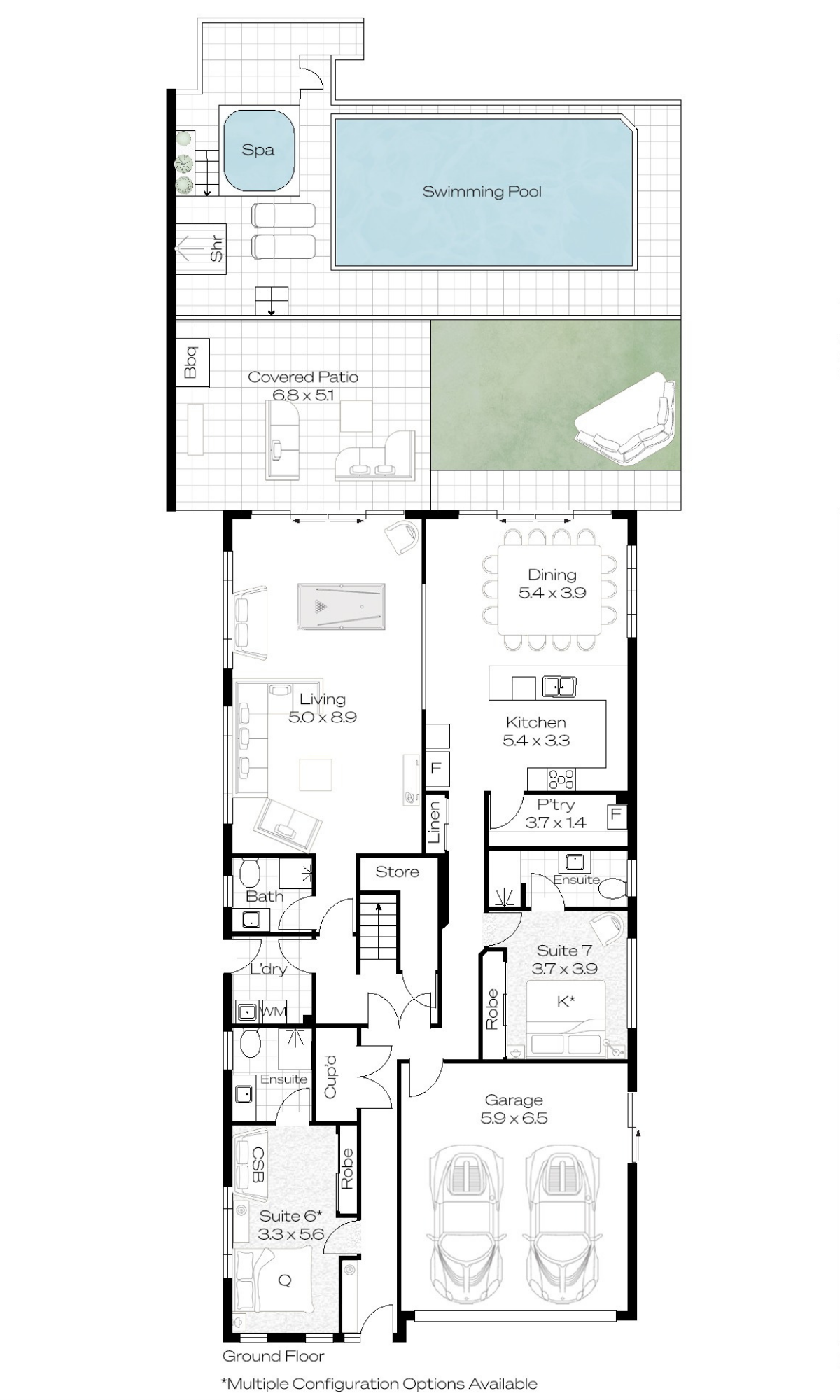Ground Floor Layout - Living Areas Waterfront Access & Guest Suites