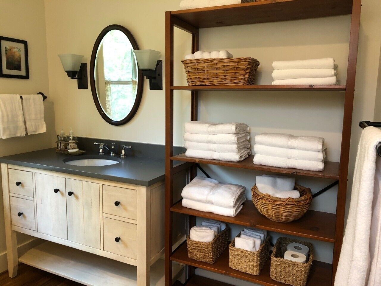 Upstairs master bathroom with plenty of towels and backup supplies