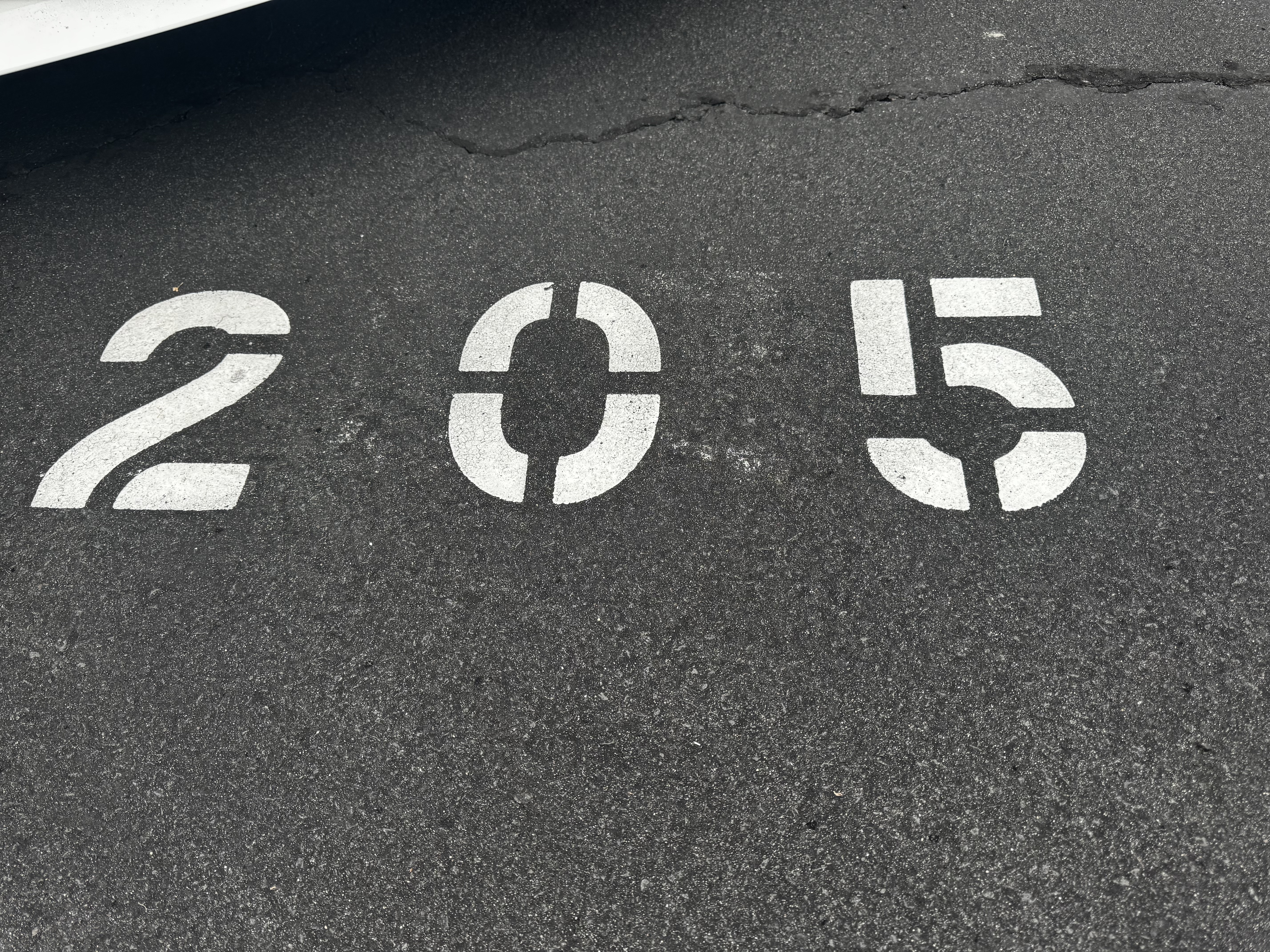 Parking stall number 205 painted on the pavement