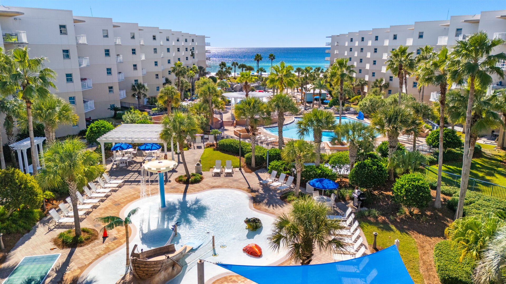 Aerial view of splash pad and pool