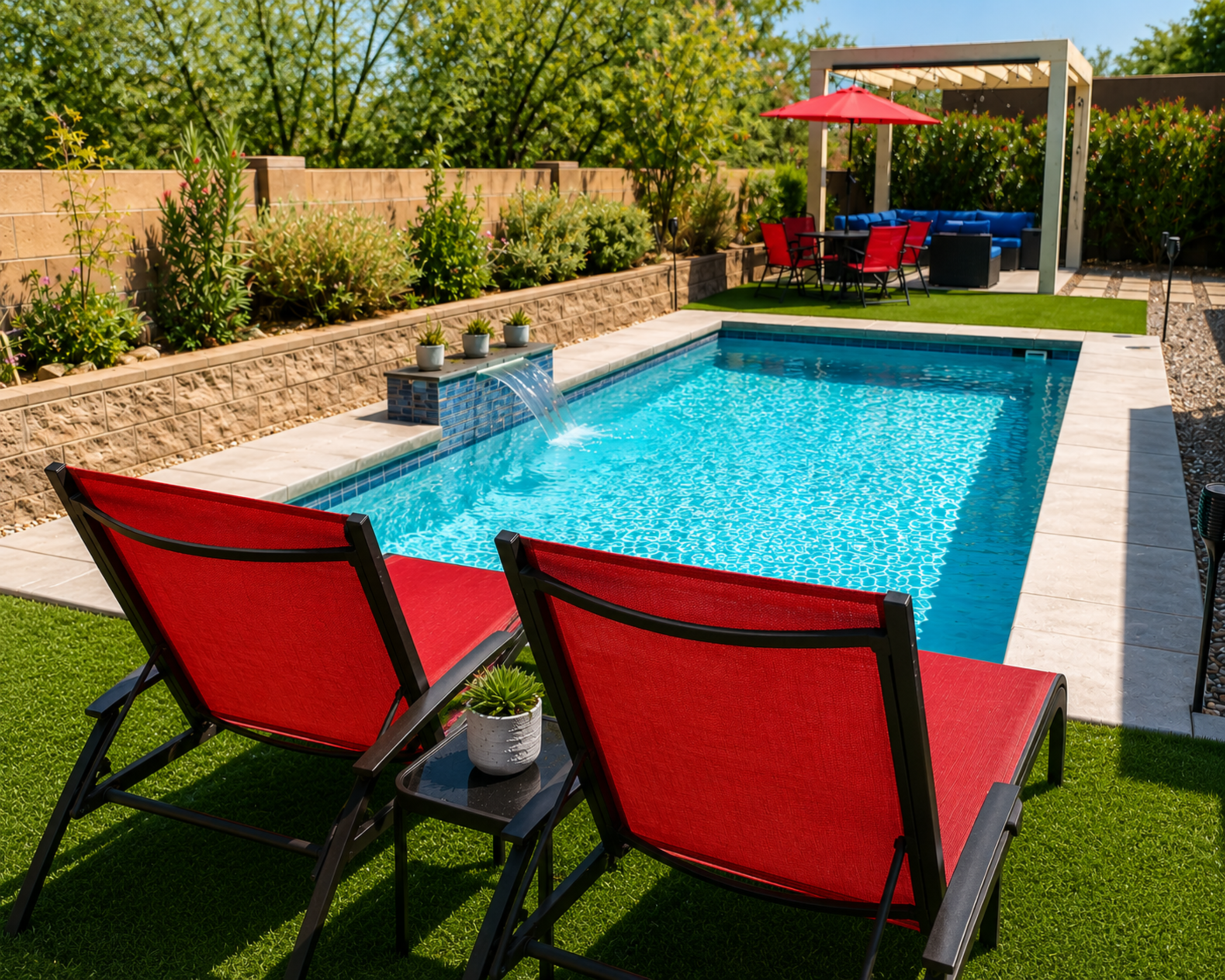 Enjoy the pool and backyard spaces year round. The pool can be heated as needed and there is plenty of both sun and shade.