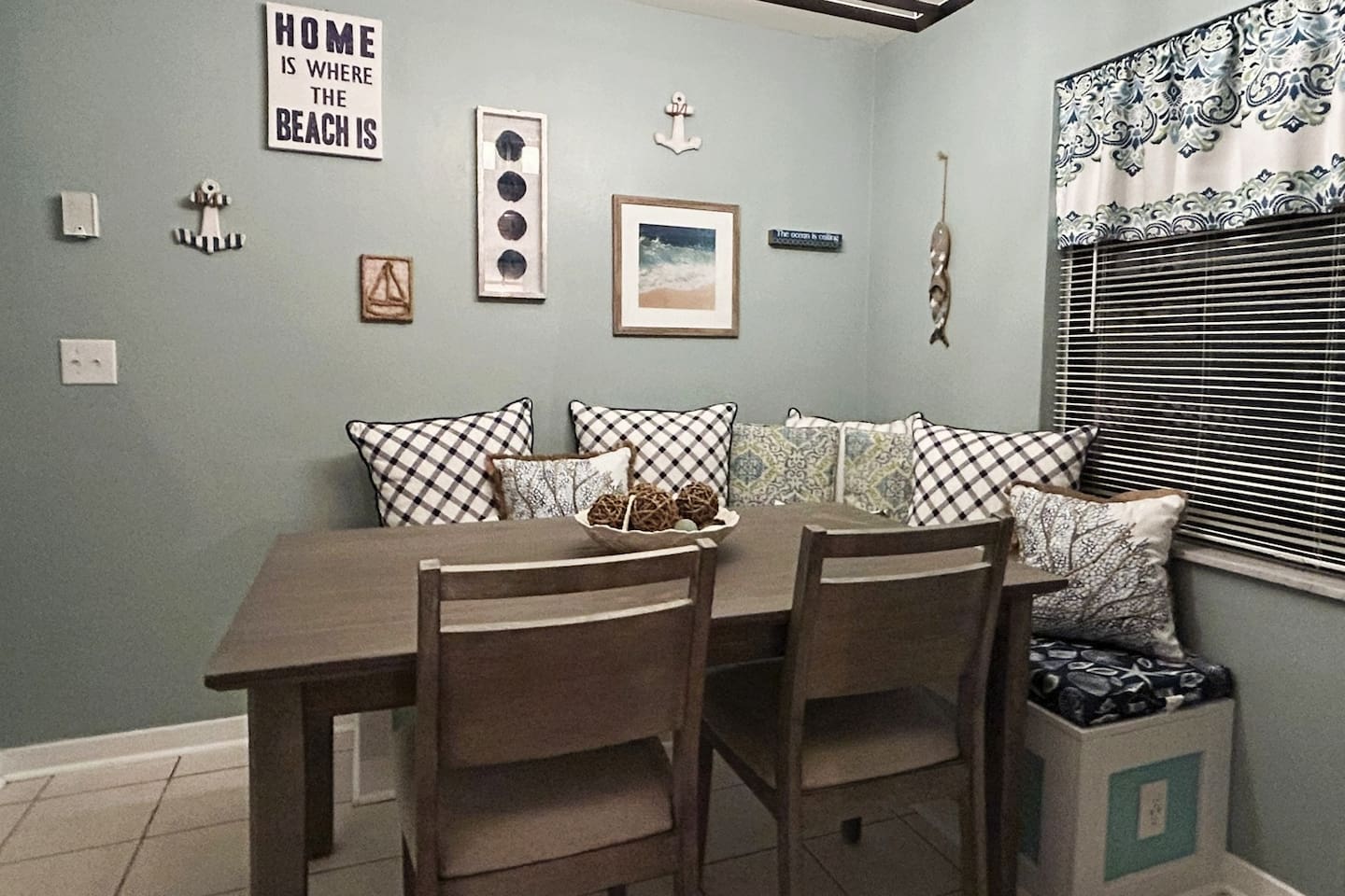 Breakfast Nook/Dining Table/Flex Space with USB outlets installed on both sides of bench seat. Work, Charge, or Play games. This space was designed to be multi-use for whatever you desire. It's made for you!