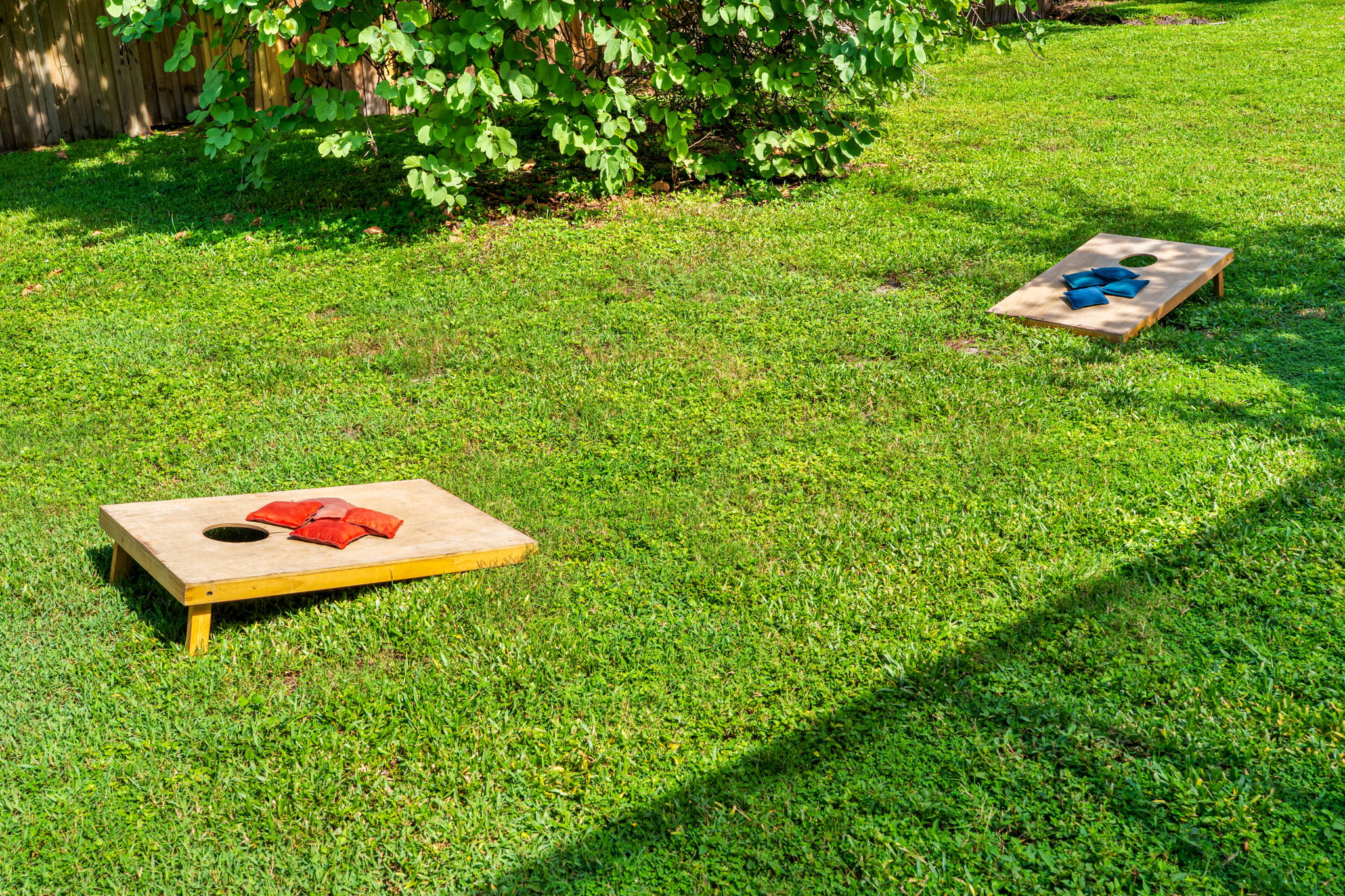 Backyard fun awaits with a classic cornhole game set on the lush green lawn—perfect for family competitions, friendly gatherings, or simply enjoying the outdoors.