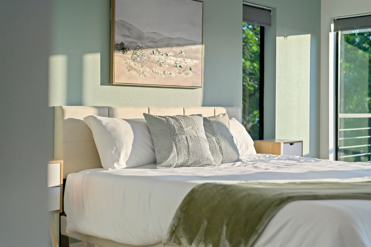King size bed with premium luxury linens and mattresses. 