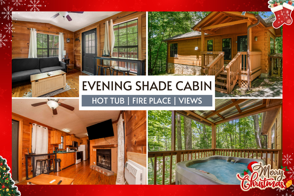 Evening Shade Cabin offers a private getaway with hot tub, fireplace, and serene views.