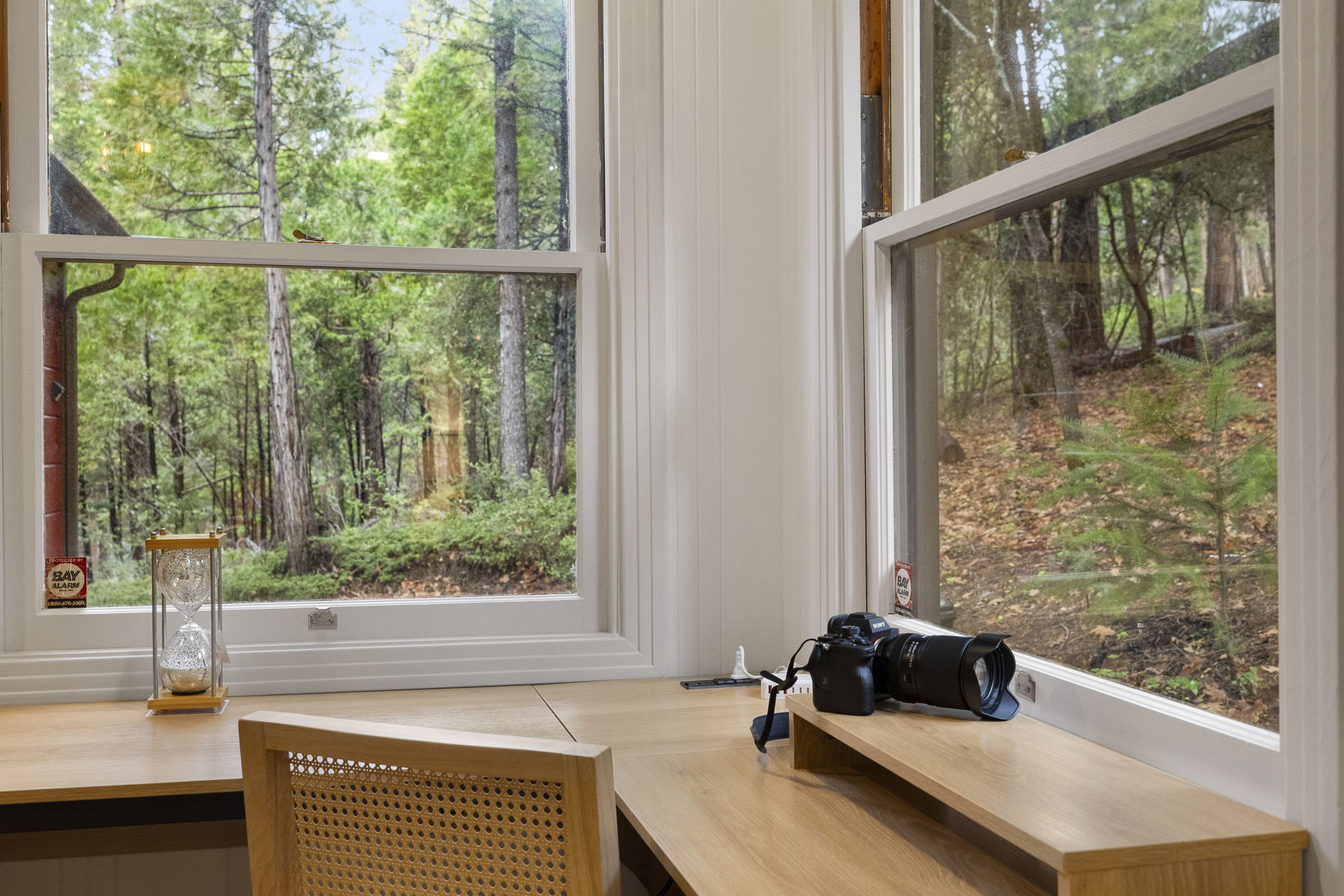 Work/office area facing the forest in the master bedroom. Cabin has high speed internet.