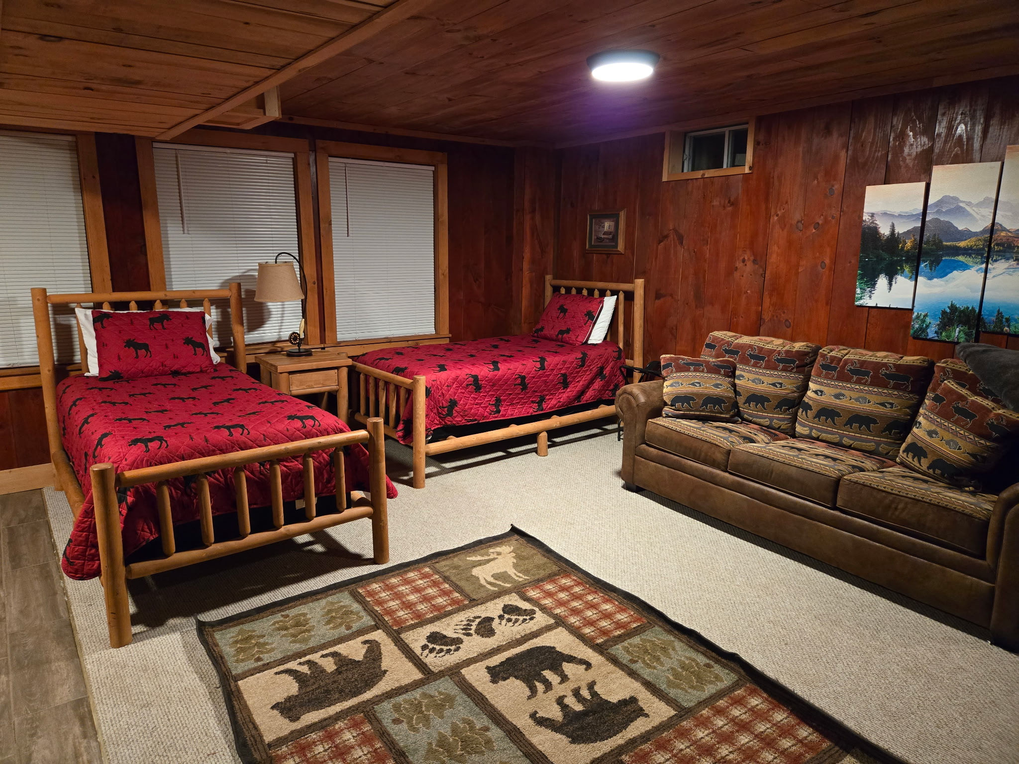 Two twin beds, sofa bed and TV in finished space downstairs.