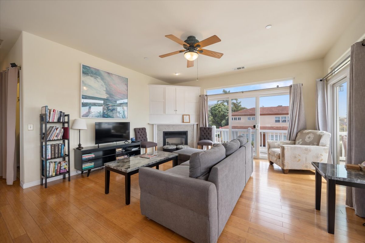 Living room with Smart TV and fireplace