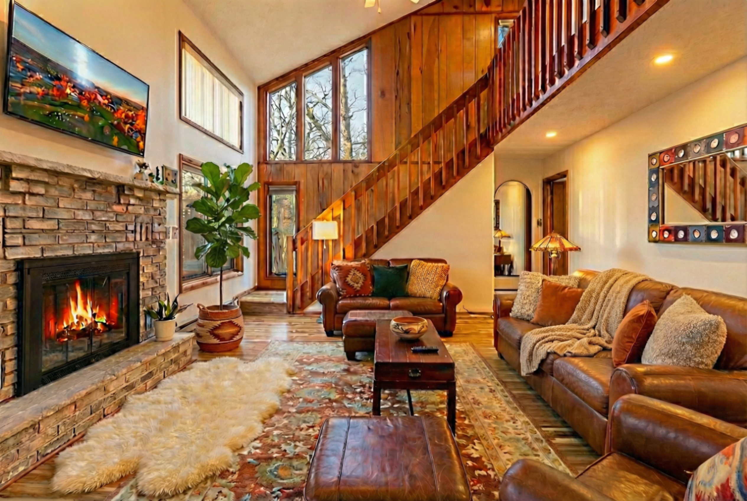 Cozy up for movies and a fire at night in the luxurious challet