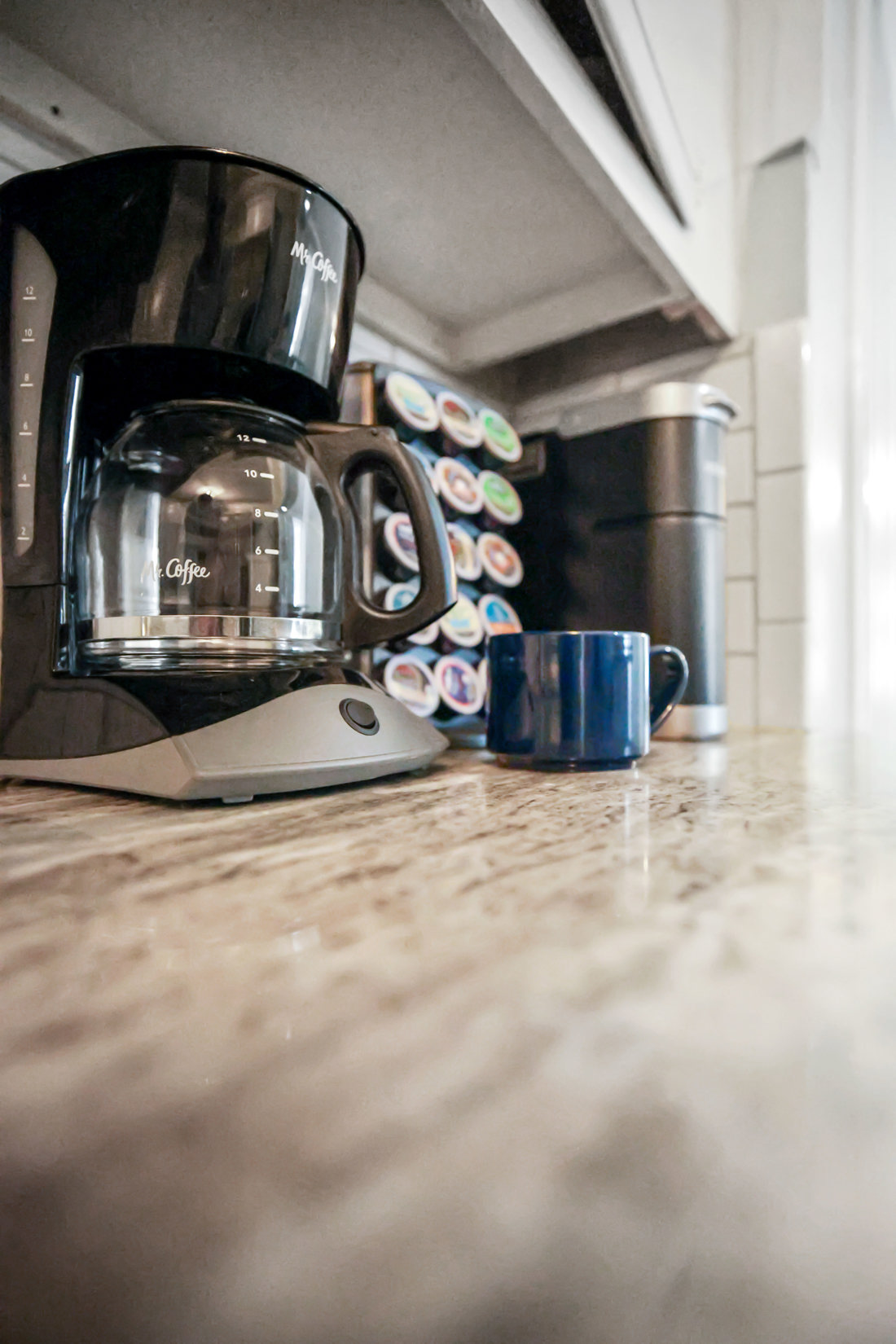 Coffee pot with ground coffee as well as a Keurig with limited K-cups provided