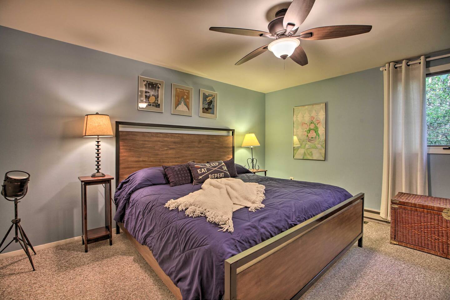 Wrap up in plush covers for a peaceful slumber in this king-sized bed.