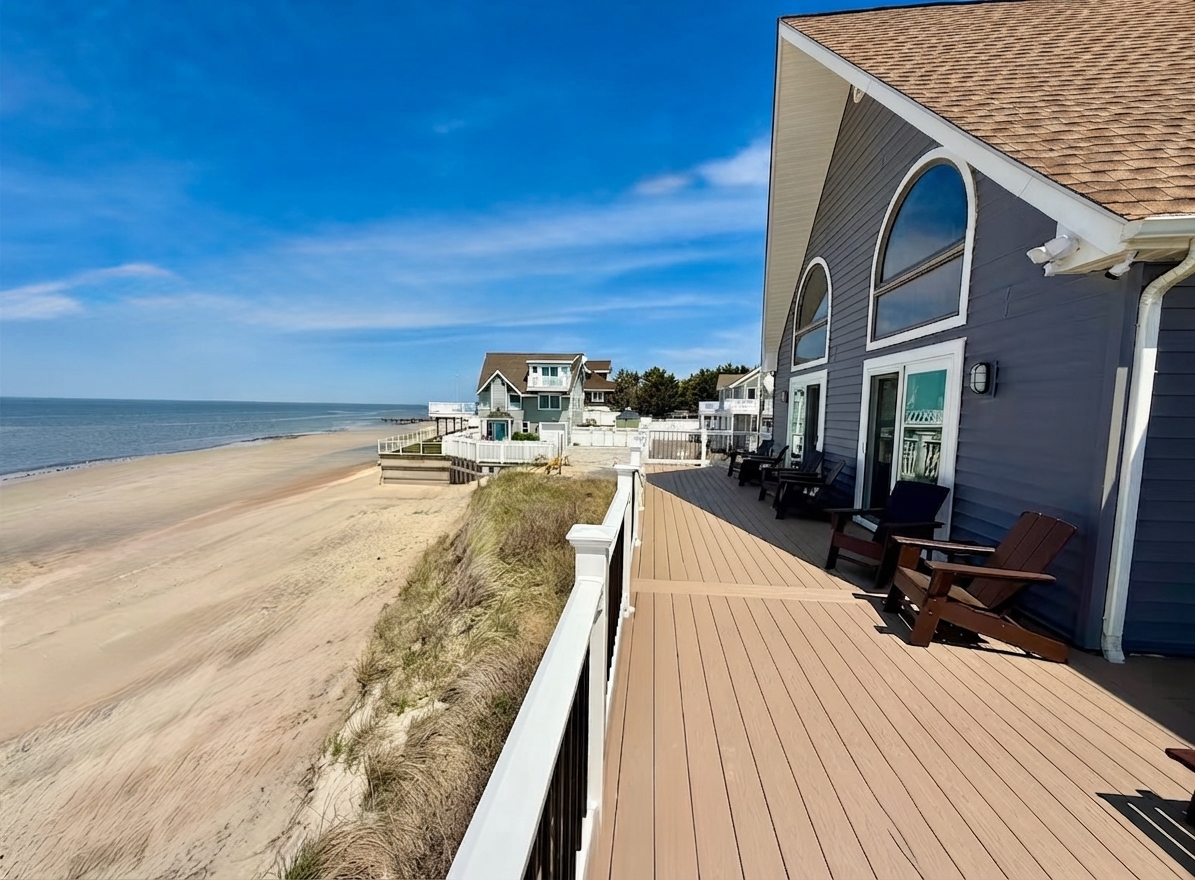 You can enjoy a scenic beachfront view from the property's spacious, elevated deck. This outdoor area is perfectly furnished with lounge chairs, offering an ideal space to relax and experience the coastal environment.