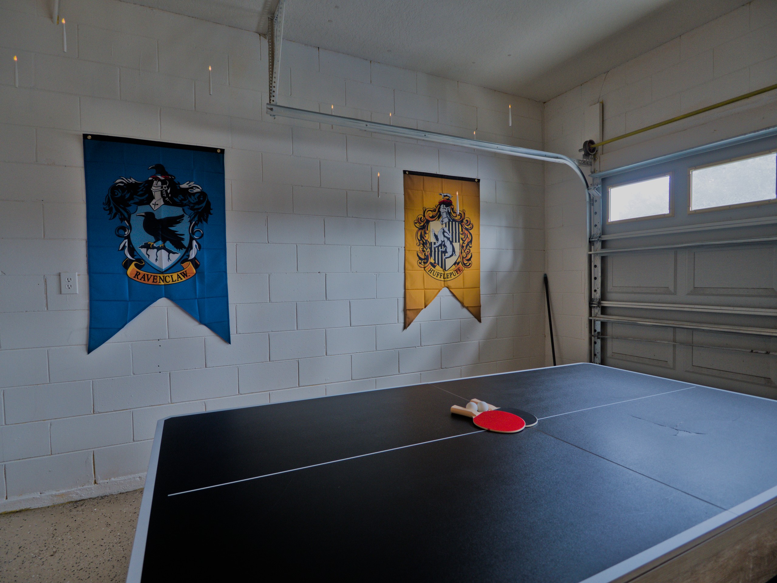 Harry Potter themed game room with TV, pool table/table tennis.
