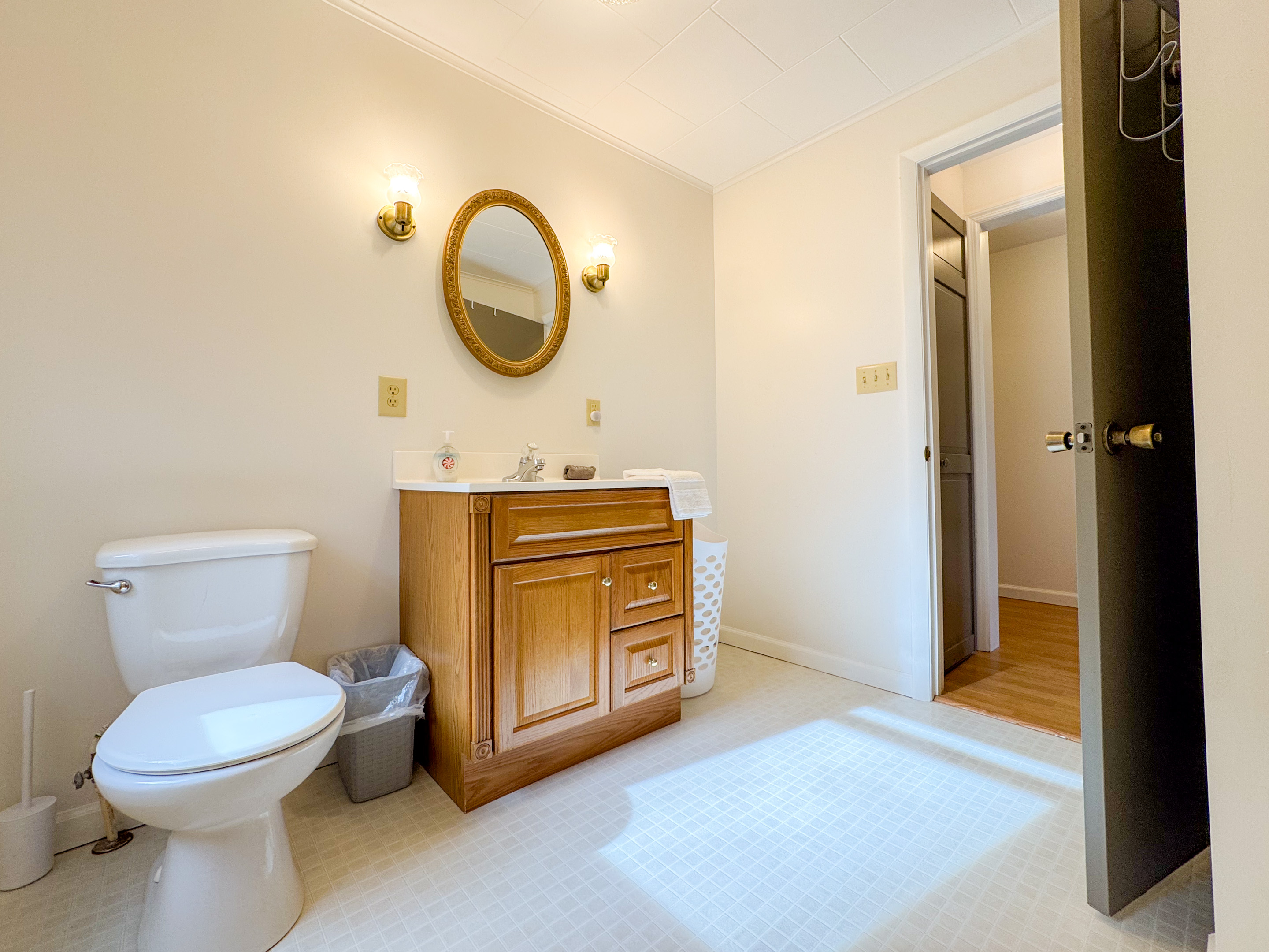 The guest bathroom in the center of the house features a tub/shower combo, toilet, vanity, and our supplied paya organics body wash and shower gel.