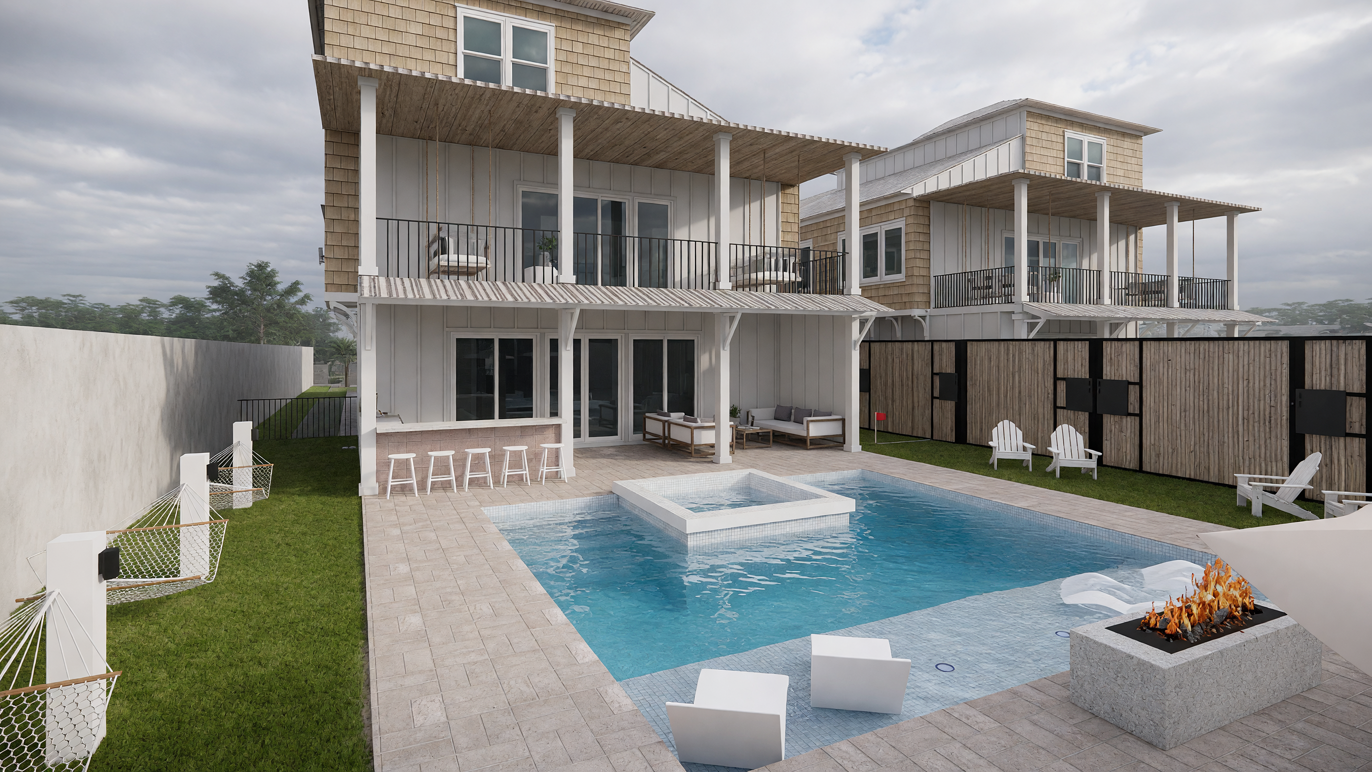 Private Pool with Hot Tub, Poolside Fireplace, Tanning Ledge, Umbrellas, Loungers, and Hammocks | Rendering