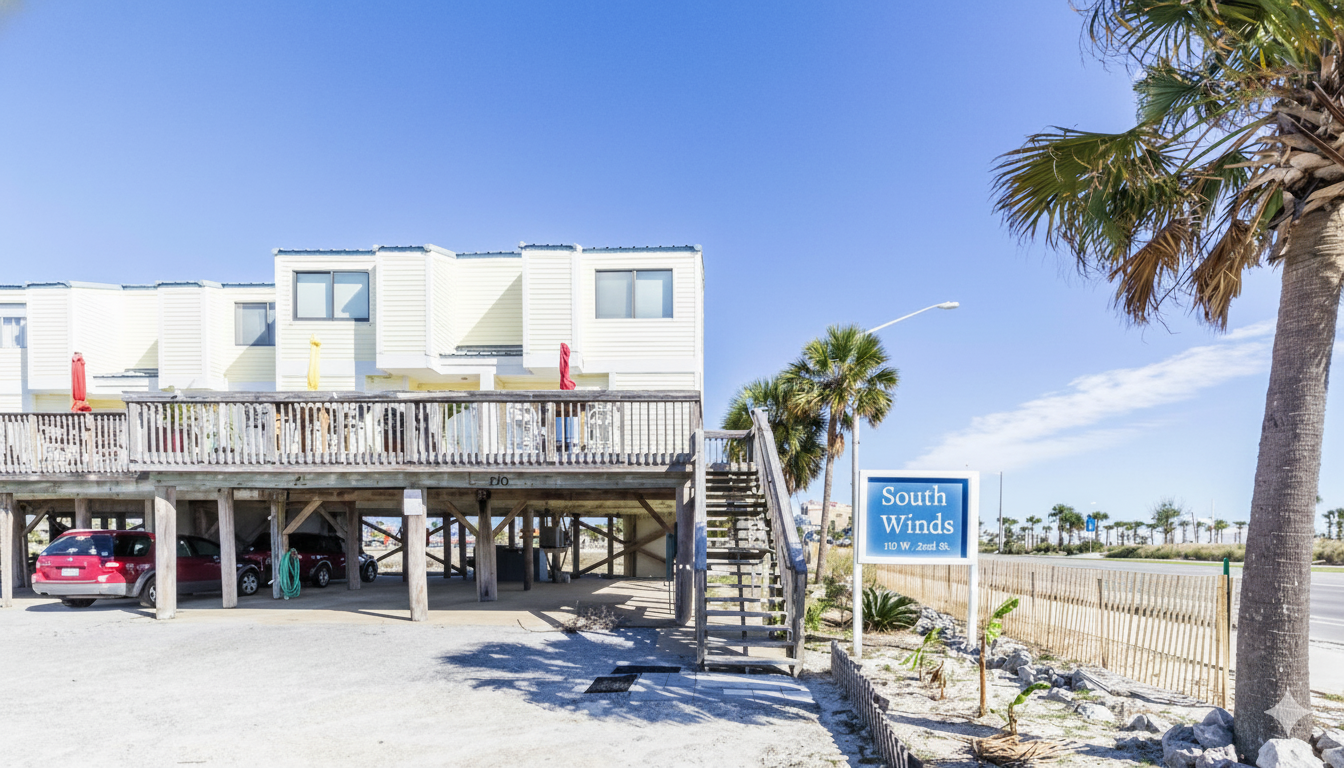 Discover the inviting exterior of South Winds, featuring multi-level balconies and classic coastal architecture.